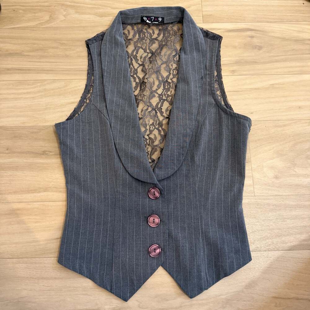 5-7-9 Grey Pinstriped Vest with Lace Back